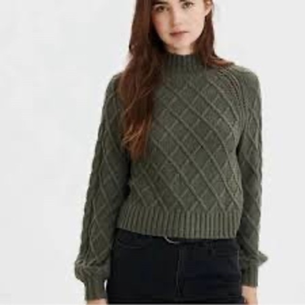 American Eagle Small mock neck cable knit chunky sweater Cropped Green
